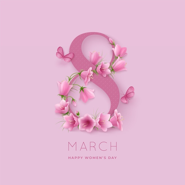 Happy womens day background with pink flowers campanula wrapping around the number 8