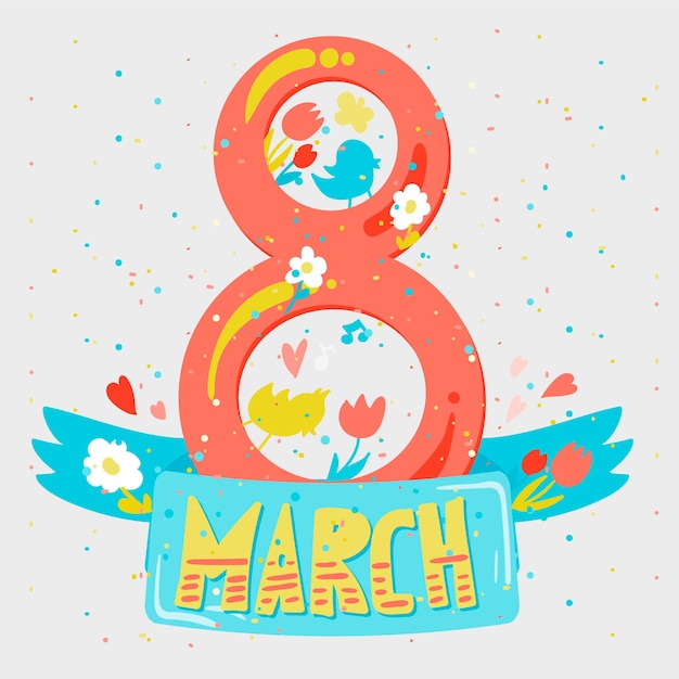 Happy Womens Day Banner. 8 March Lettering with birds and flowers. Vector