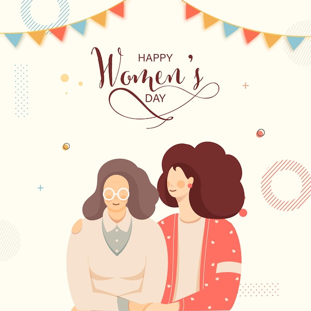 Happy Womens Day Celebration Concept With Young Daughter Embracing Her Mother And Bunting Flags On White Background