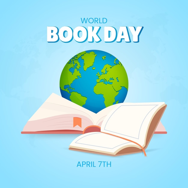 Happy world book day April 22nd with books and globe illustration