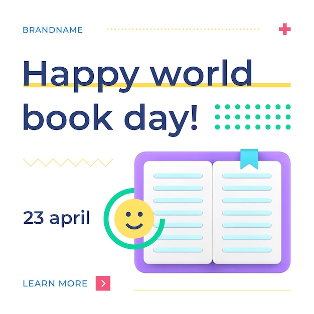 Happy world book day literature holiday congratulations social media post 3d icon vector