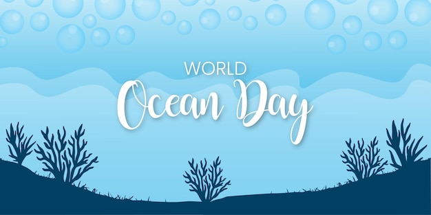 Happy World Ocean Day Sea Blue White Background Social Media Design Banner Free Vector