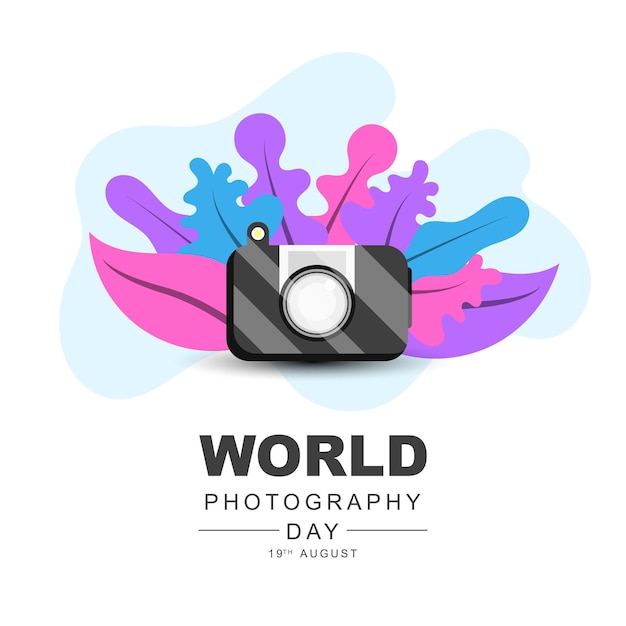 Happy world photography day on 19th august flat style greeting design with colorful leaves and camera decoration Vector illustration