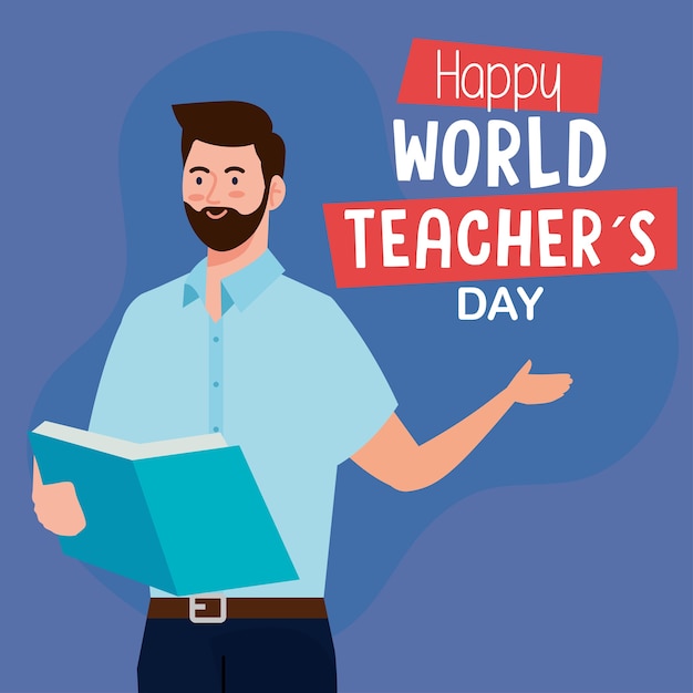 Vector happy world teachers day, with man teacher reading book