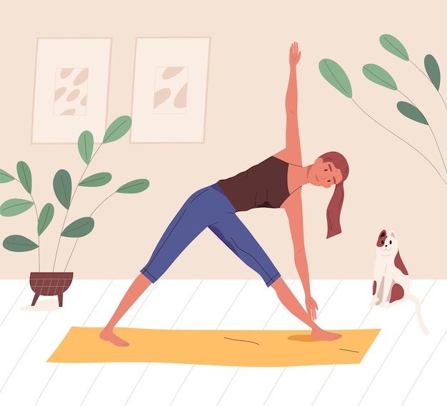 Happy yogini enjoying training on mat at home vector flat illustration. Smiling woman practicing yoga, pilates or stretching. Female character doing parivritta trikonasana position.