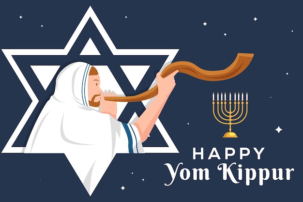 Happy yom kippur illustration with a person blow the shofar