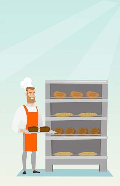 Vector happy young baker holding a tray with bread.