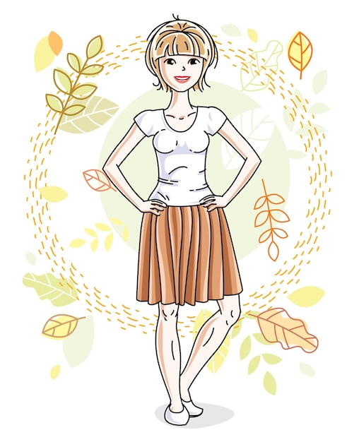 Happy young blonde woman posing on background of autumn landscape and wearing fashionable casual clothes. Vector attractive female illustration. Fashion and lifestyle theme cartoon.