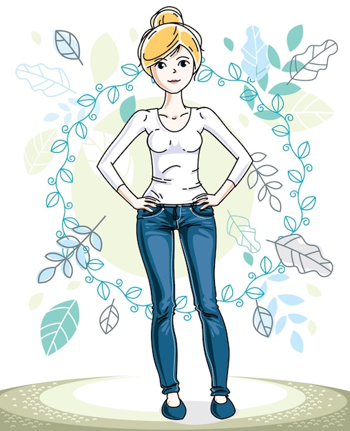 Happy young blonde woman posing on background of spring landscape and wearing fashionable casual clothes. Vector attractive female illustration. Springtime fashion and lifestyle theme cartoon.