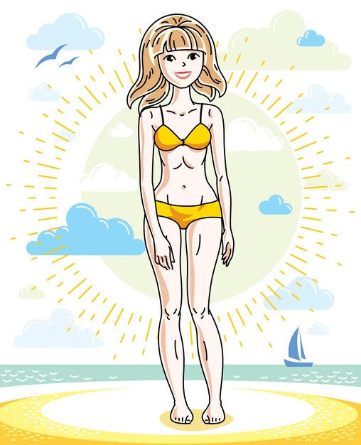 Happy young blonde woman posing on tropical beach and wearing swimsuit. Vector attractive female illustration. Summer vacation lifestyle theme cartoon.