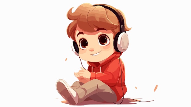 Happy Young Boy Listening to Music from Smartphone Cartoon Illustration