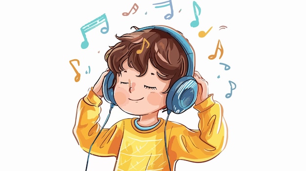 Happy Young Boy Listening to Music with Headphones