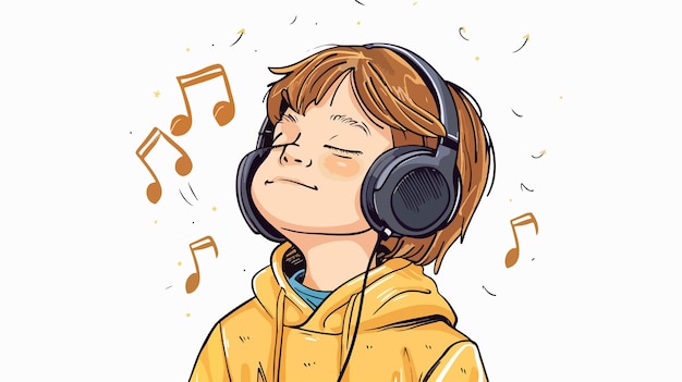 Happy Young Boy Listening to Music with Headphones