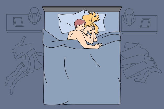 Happy young couple cuddle embrace in bed after sex Happy man and woman hug relax in bedroom after love making Sexual intimate life relationships concept Flat vector illustration