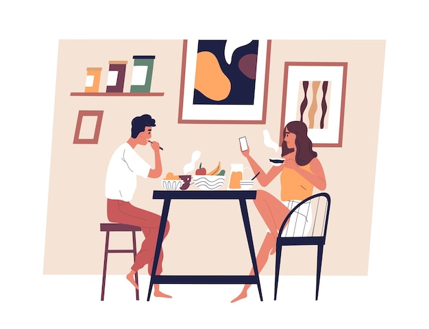 Happy young couple eating meal together in Scandinavian interior. Man and woman taking lunch at dining table. People enjoying breakfast at home. Everyday routine. Flat vector illustration.