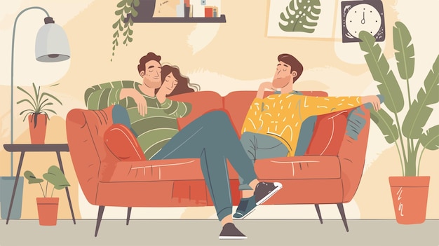 Vector happy young couple resting on sofa at home vector illustration