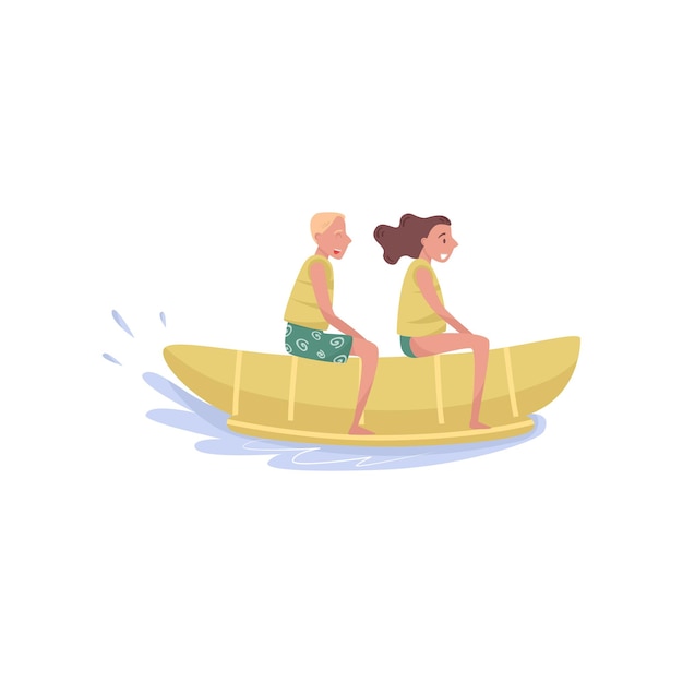 Vector happy young couple riding on banana boat extreme water sport cartoon vector illustration on a white background