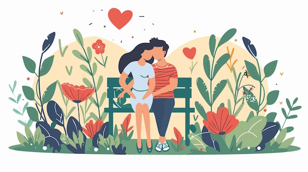 Happy Young Couple in Romantic Park Setting Surrounded by Heart Symbol Flat Vector Illustration