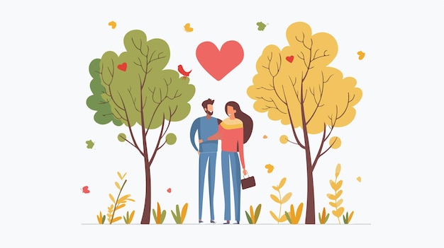 Happy Young Couple in Romantic Park Setting Surrounded by Heart Symbol Flat Vector Illustration