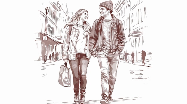 Vector happy young couple walking in city handdrawn vector illustration