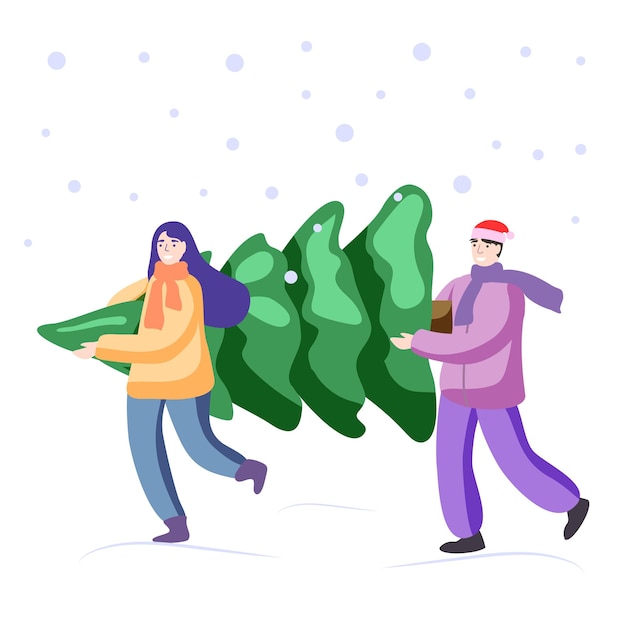 Happy young family buys Christmas Tree Man and woman carry Christmas tree home down snowy street