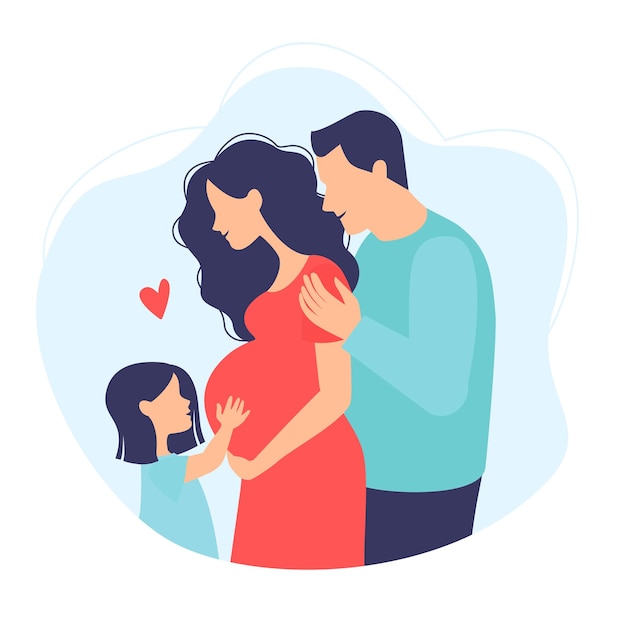 Happy young family. Dad, daughter and pregnant mother. Child hugs belly of pregnant mother.