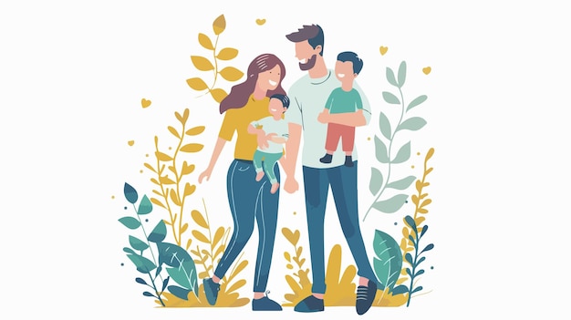 Vector happy young family enjoying outdoor walk with smiling parents and baby