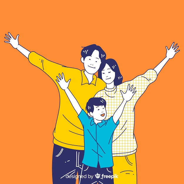 Happy young family in korean drawing style