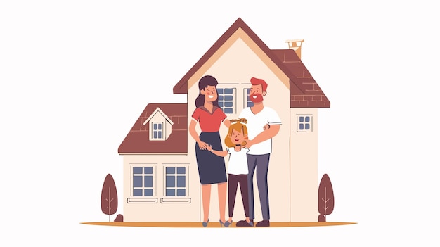 Vector happy young family with daughter in front of their house handdrawn vector illustration