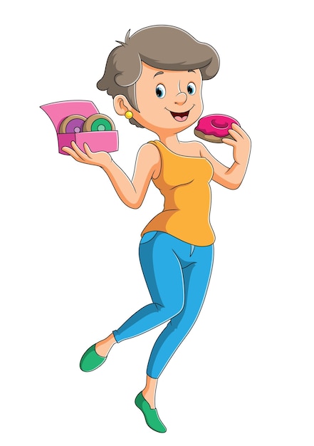 The happy young girl is eating the doughnut of illustration