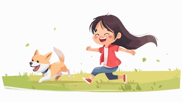 Happy Young Girl Running with Pet Dog Outdoors