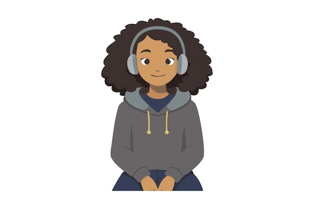 Vector happy young girl with curly hair wearing headphones and casual hoodie