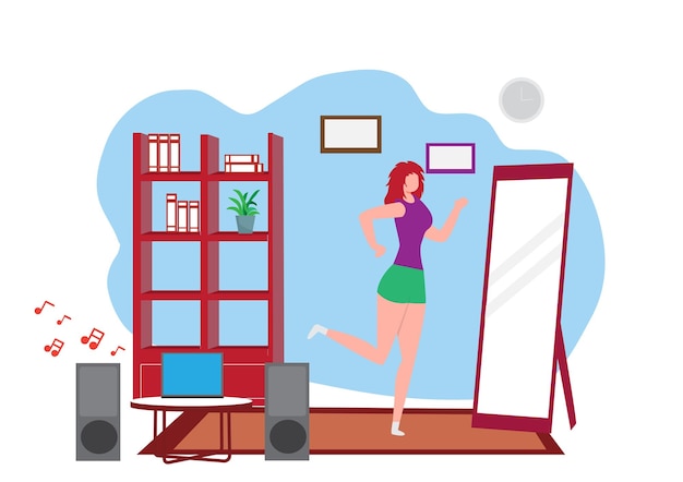 Happy young housewife enjoying exercise at home Beauticians and curlers stand on an exercise mat listen to music and do aerobics lung exercise vector illustration