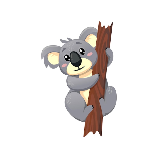 Happy young koala sitting on on tree isolated lazy bear baby cheerful wildlife baby Vector cute Australian animal funny koala playing on eucalyptus branch childish sweet cartoon personage mascot