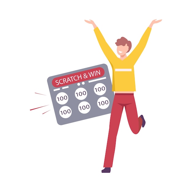 Happy Young Man Celebrating Winning of Money in Bingo Lottery Flat Vector Illustration