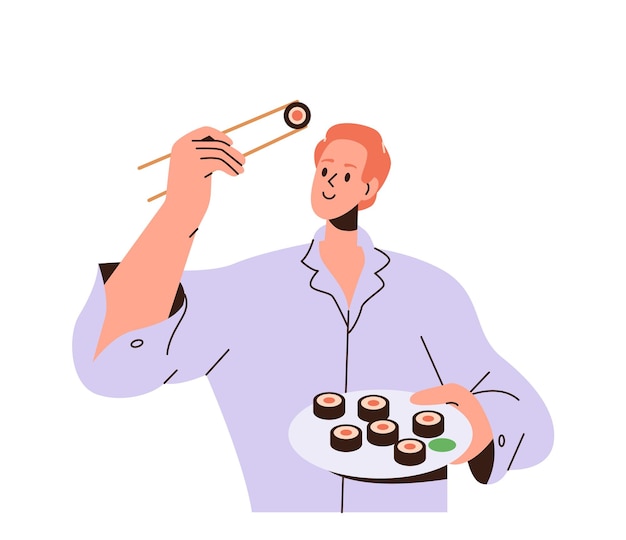 Vector happy young man character eating japanese sushi asian food using chopstick having tasty lunch