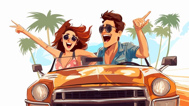 Vector happy young man driving with friends on vacation young woman enjoying travel adventure