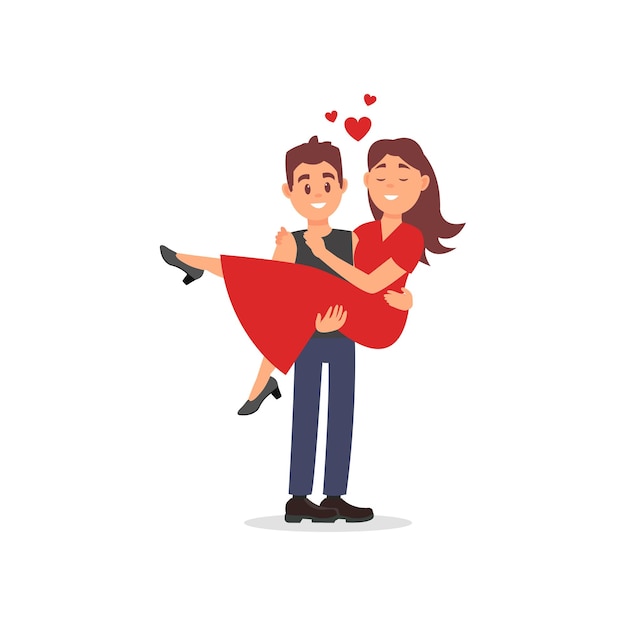 Happy young man holding beautiful woman on his hands Couple on the date Valentines Day theme Flat vector design