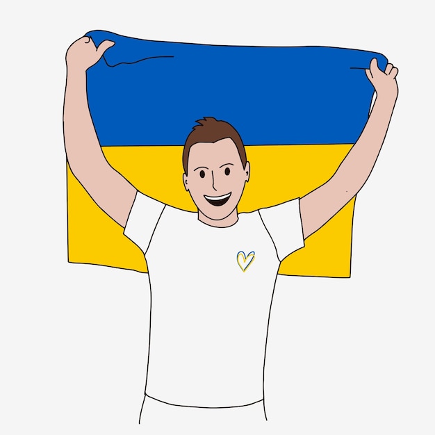 Happy young man holding Ukrainian flag Support Ukraine Hand drawn simple outline character