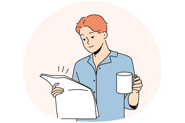 Happy young man in pyjama drinking coffee reading newspaper Smiling male enjoy morning at home Daily routine Vector illustration