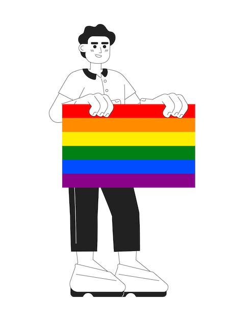 Vector happy young man supports lgbt community monochromatic flat vector character editable thin line full body man holds lgbt pride flag on white simple bw cartoon spot image for web graphic design