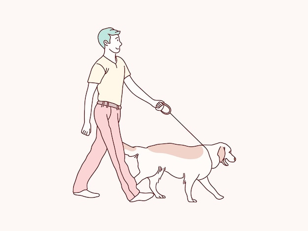 Happy young man walking their dog simple korean style illustration