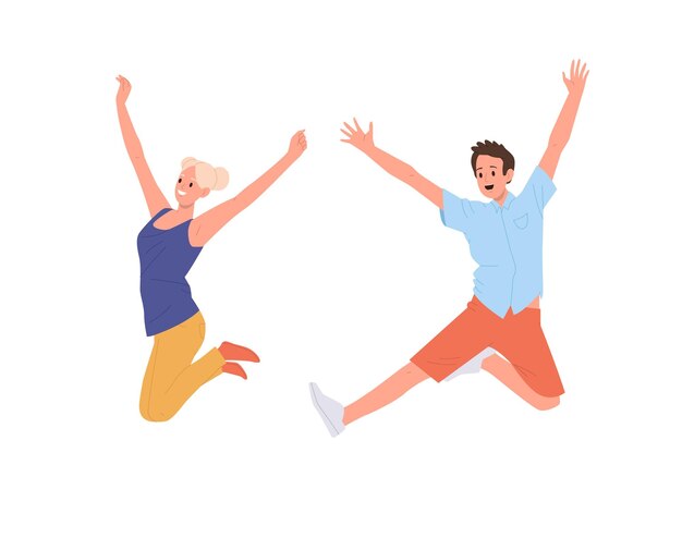 Vector happy young man and woman cartoon characters jumping feeling positive emotion joyfully cheering