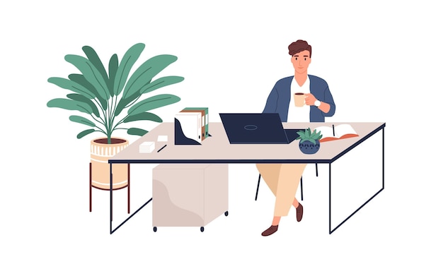 Happy young man working with laptop at desk, holding cup of coffee. Office worker at modern workplace with plants. Colored flat vector illustration of positive employee isolated on white background.