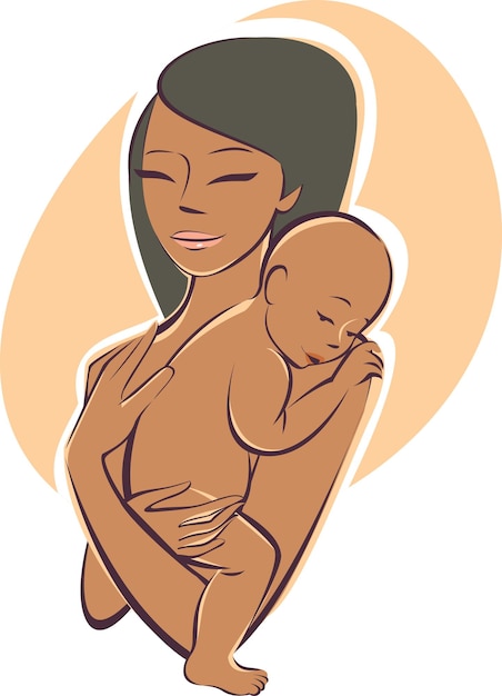 Happy young mother and her baby. Linear vector sketch