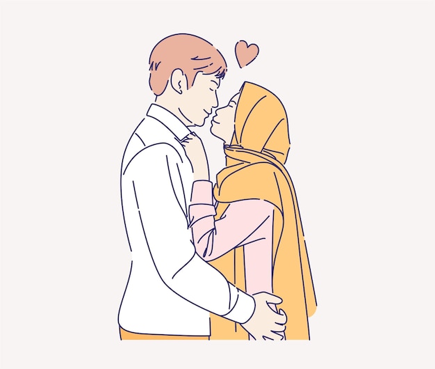 happy young muslim couple facing each other  hand drawn illustration.