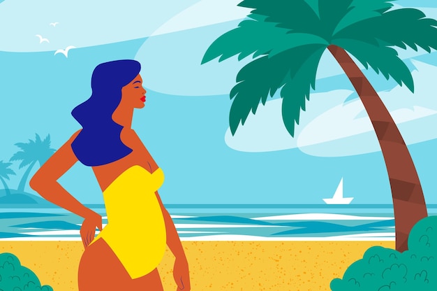 Happy young pregnant woman with sunburnt skin on a tropical beach wearing bright yellow swimwear Summertime Sea sky palms and beautiful beach Vector