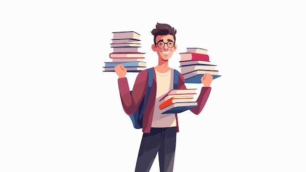 Vector happy young student carrying many books stack smiling