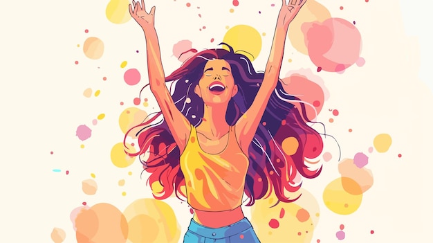 Vector happy young woman celebrating with hands up