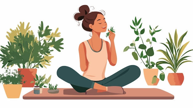 Vector happy young woman enjoying aromatherapy with herbs